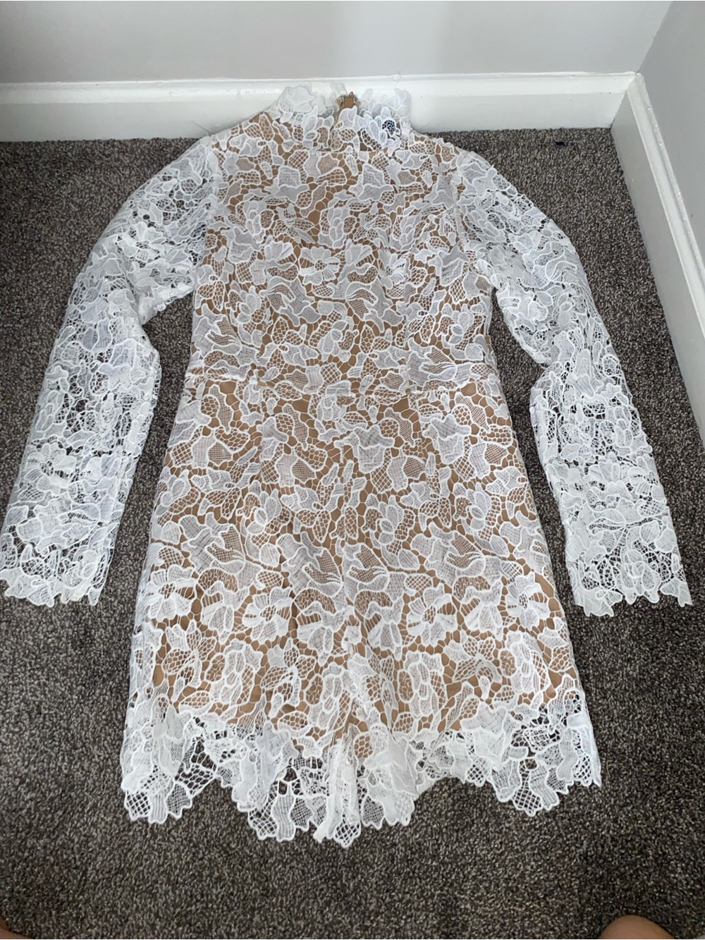 Vici White Lace Long-Sleeve Mock Neck ROMPER with Nude Lining